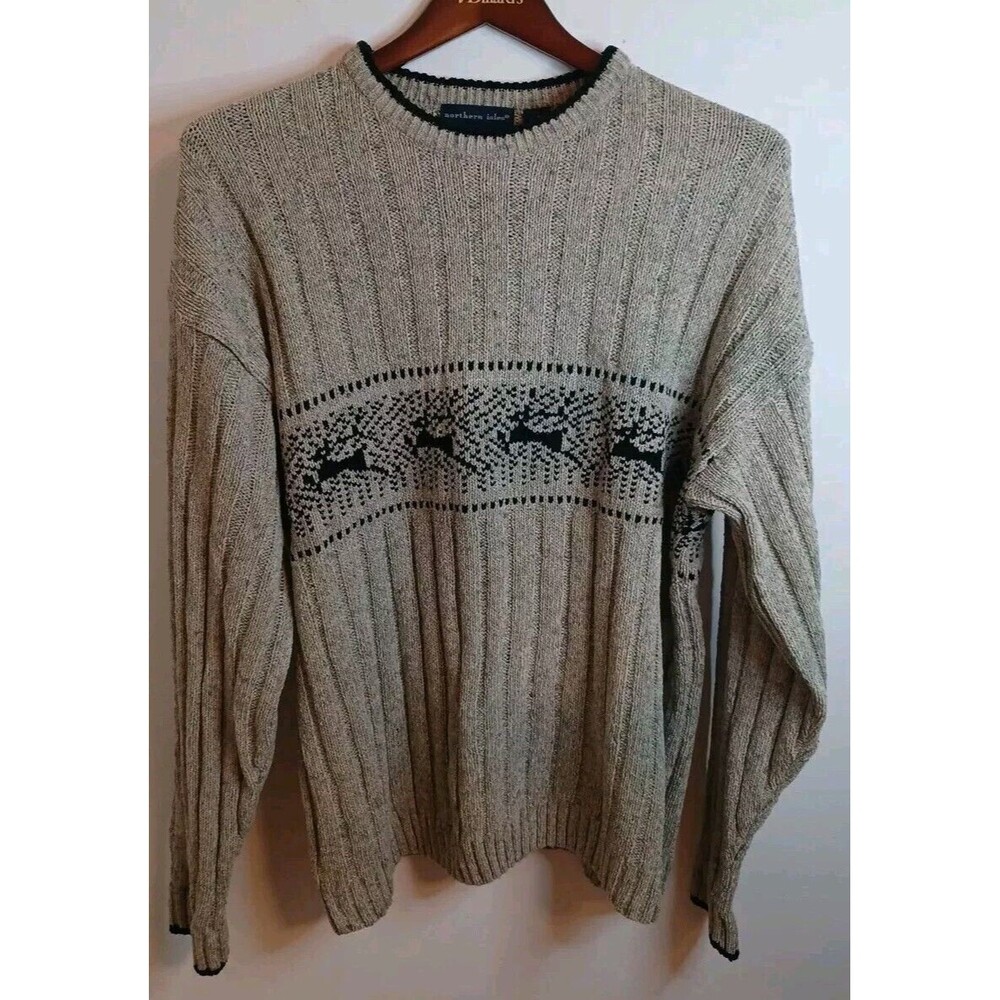 Northern Isles Pullover Wool Blend Sweater L Fair Isle Nordic Tan Knit Cardigan
